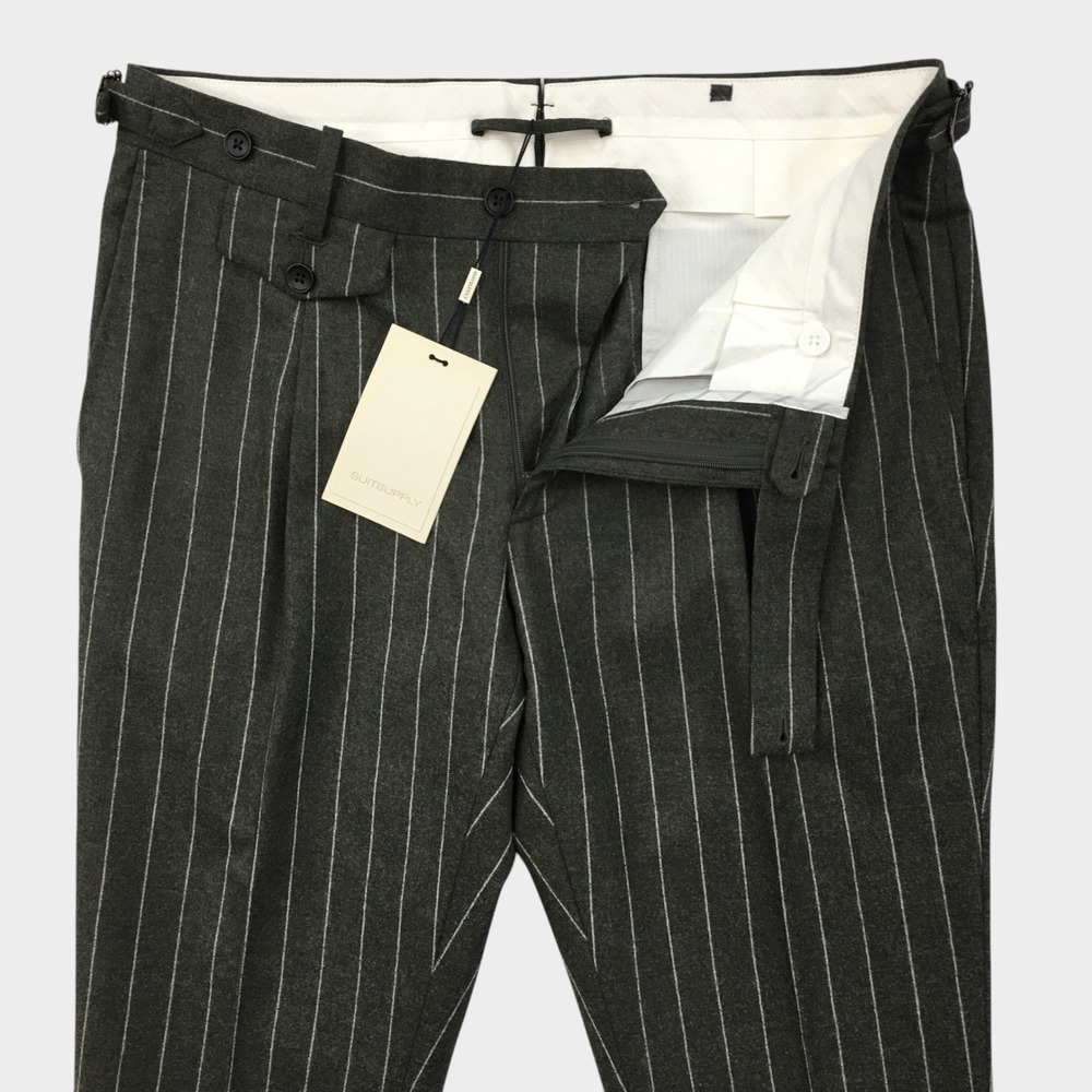 NEW! Suitsupply Brentwood Mid Green Pleated Pinstripe Wool Flannel Trousers 32